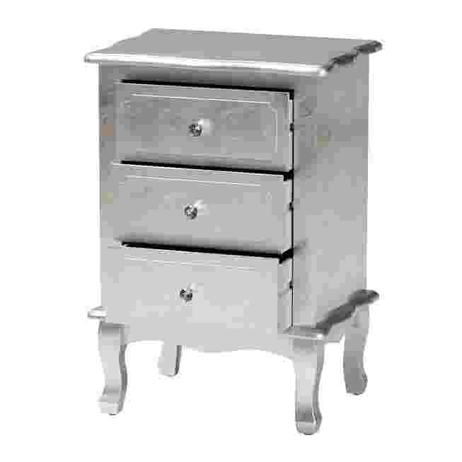 Three-drawer silver nightstand with curved legs