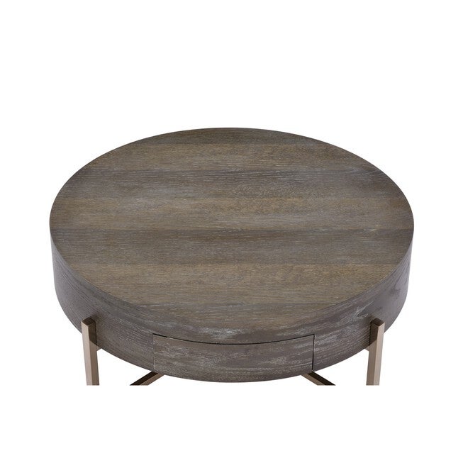 Low round coffee table with dark wood-look top and wooden-toned base