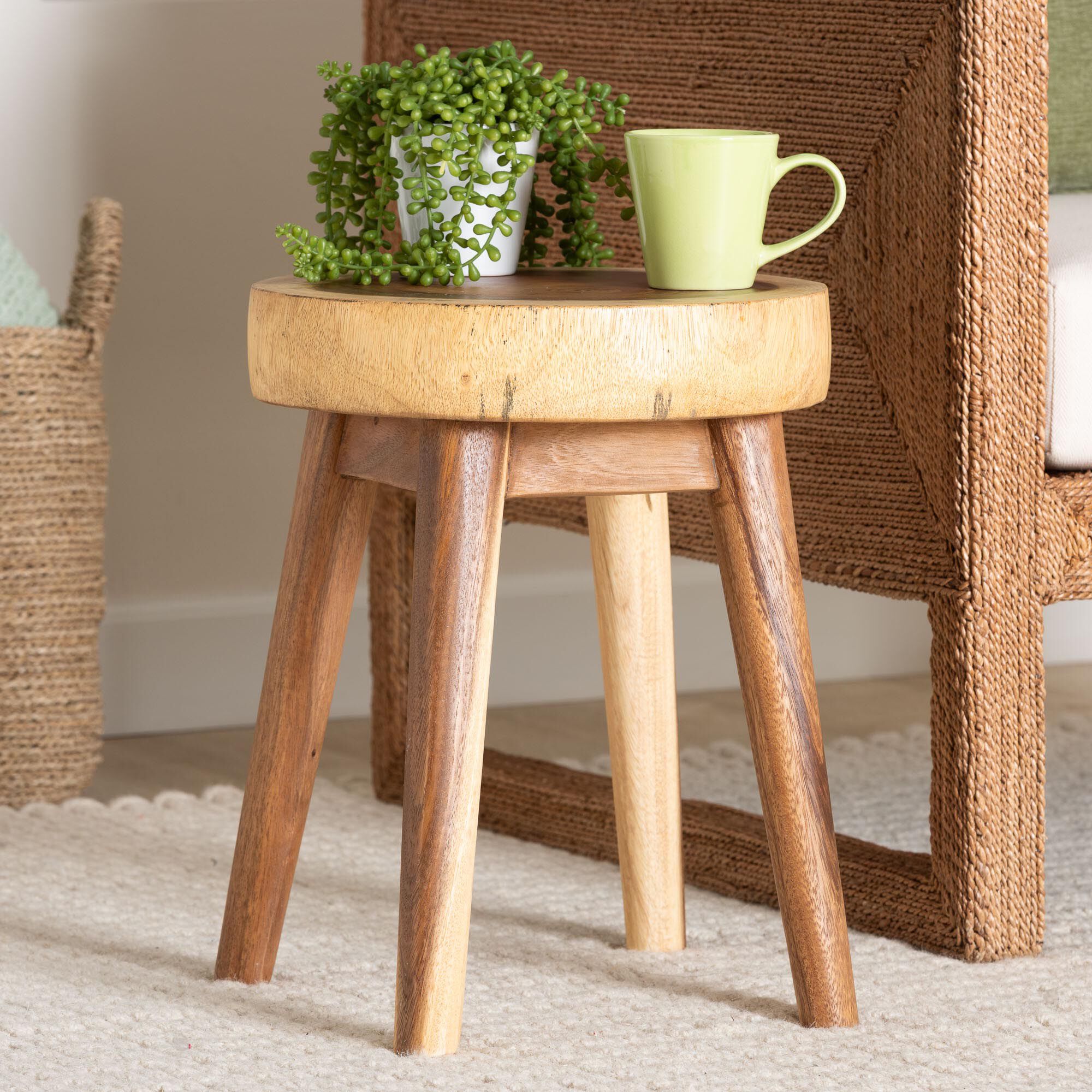 Jia Suar Wood End Table - Handcrafted Side Table with Live Edge Round Top and Tapered Legs, BROWN, alternate image number 6