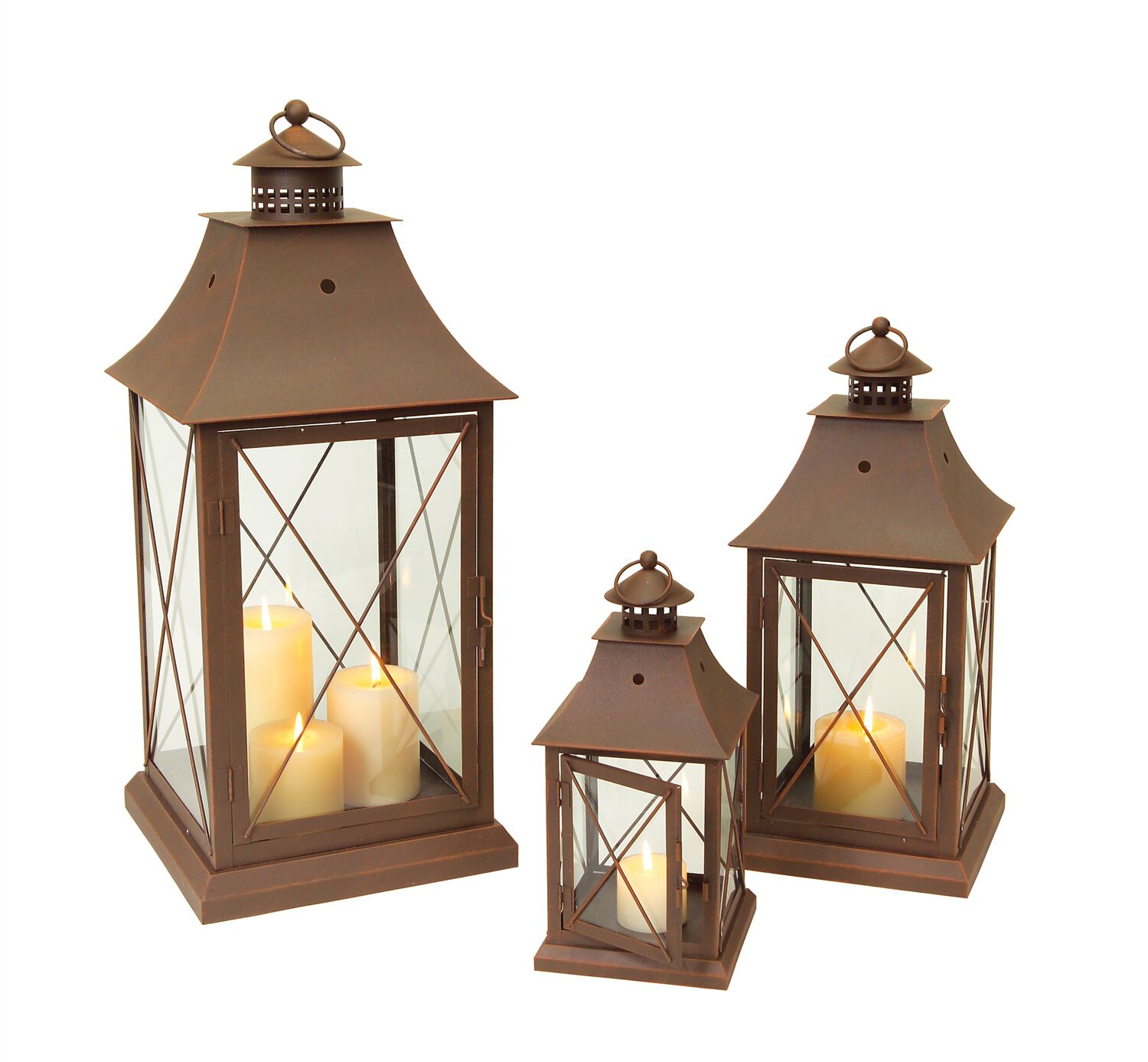 Lantern (Set of 3) 11.5 inches, 17 inches, 24 inchesH Metal/Glass, BROWN, hi-res image number 0