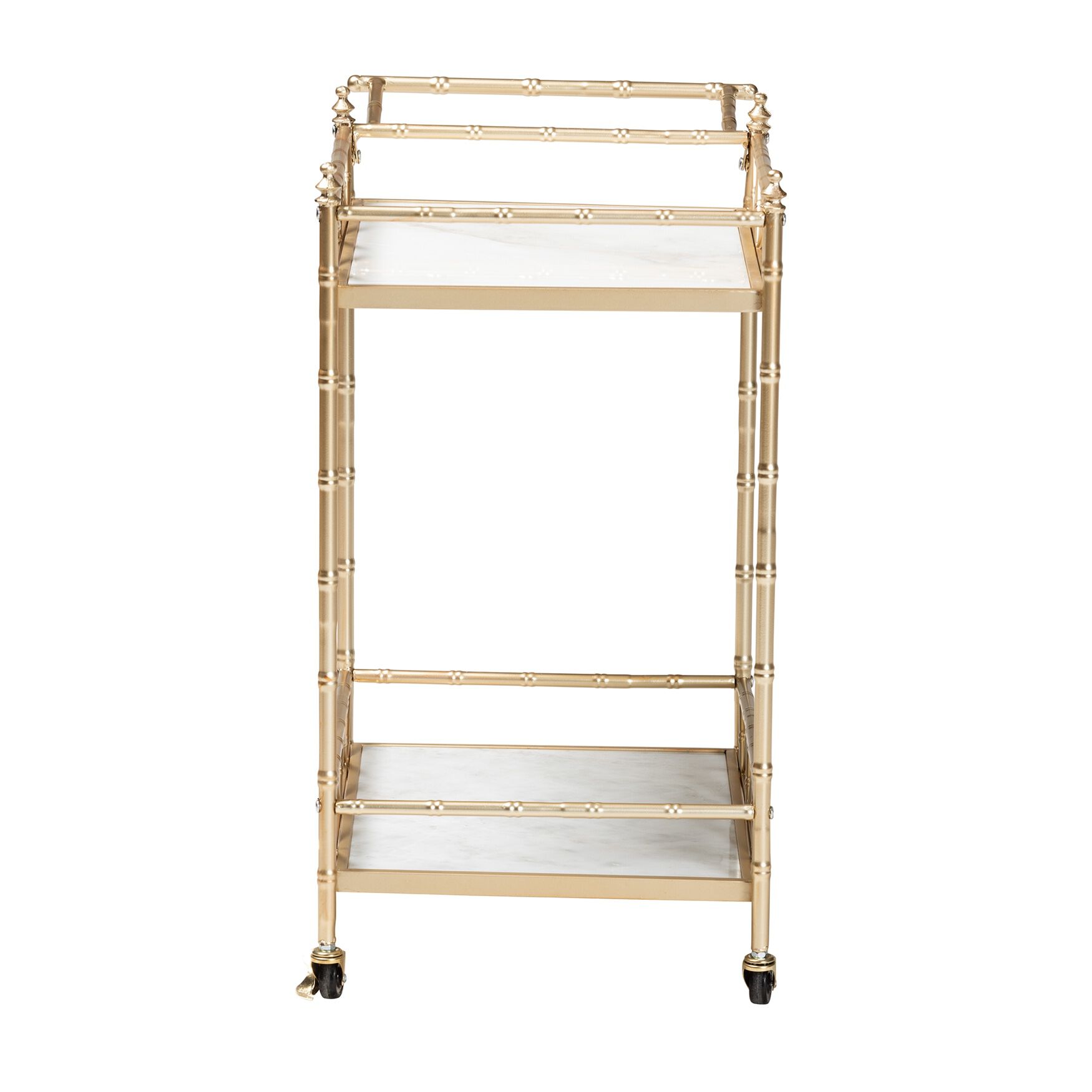 Mela Contemporary Glam And Luxe Gold Metal And White Marble 2-Tier Wine Cart, , alternate image number 2