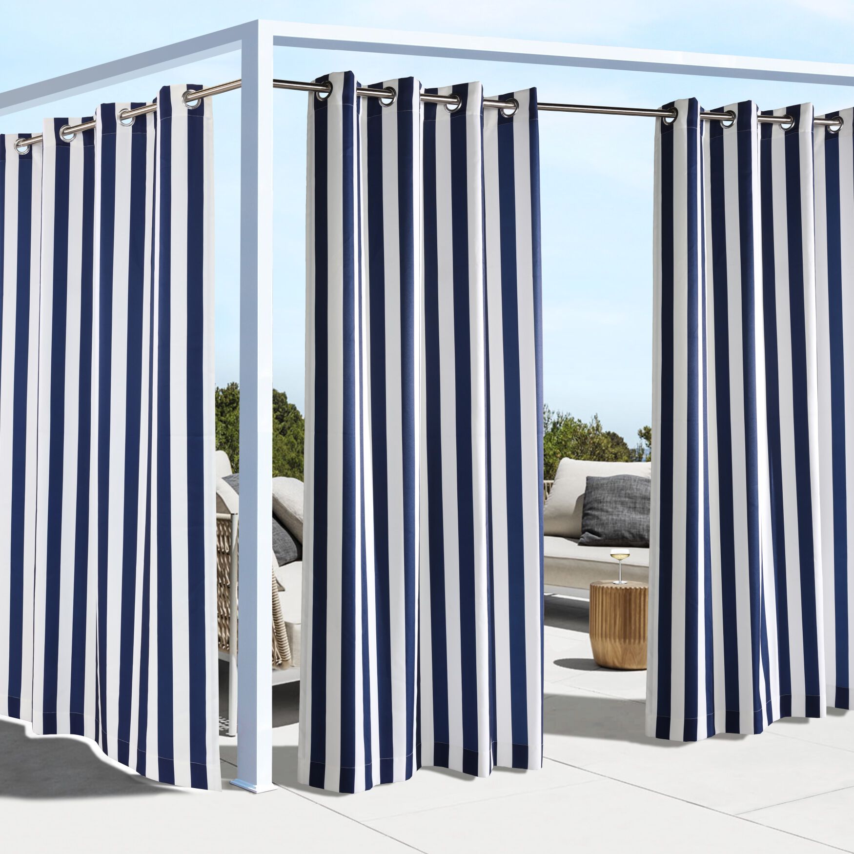 Outdoor Decor Coastal Stripe Outdoor Single Grommet Curtain Panel, NAVY, hi-res image number 0