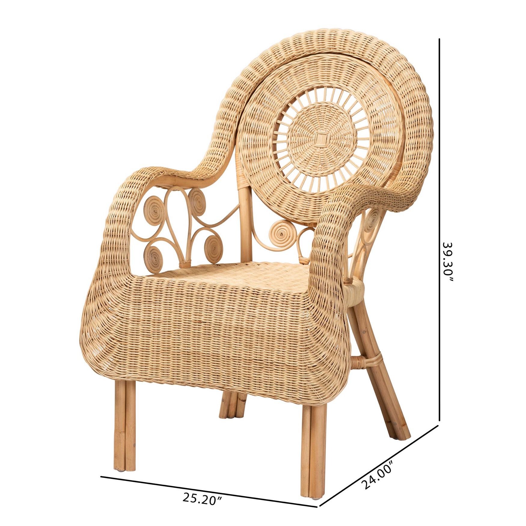 Rattan armchair with dimensions labeled
