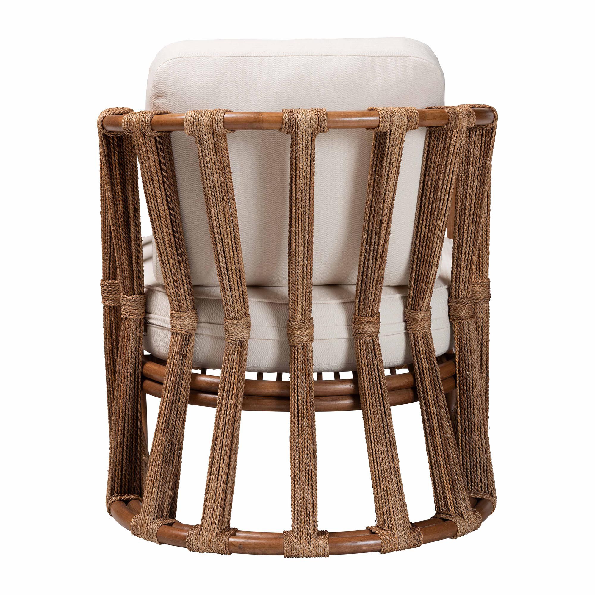 Back view of rattan armchair with white cushion