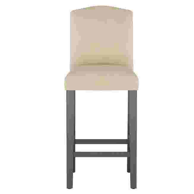 Front view of beige velvet camelback barstool with dark legs