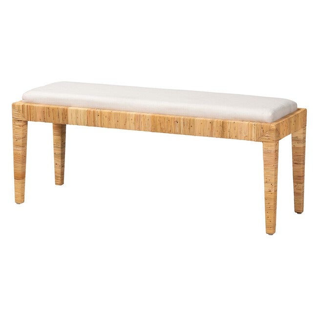 Sofia Modern Bohemian Natural Brown Rattan And Mahogany Wood Bench, NATURAL BROWN, hi-res image number null