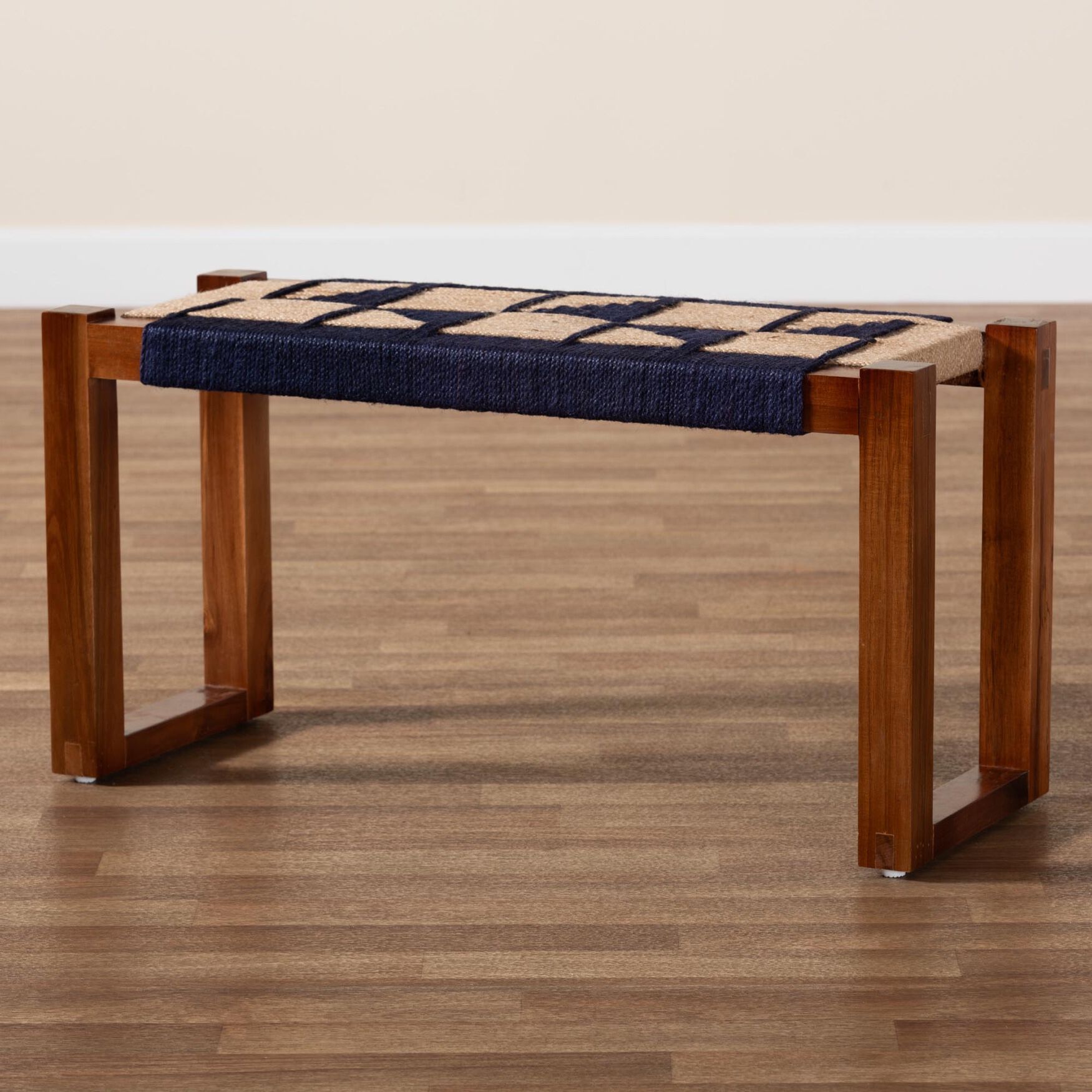 Jerilyn Modern Bohemian Two-Tone Navy Blue and Natura Brown Seagrass and Acacia Wood Accent Bench, , alternate image number 12