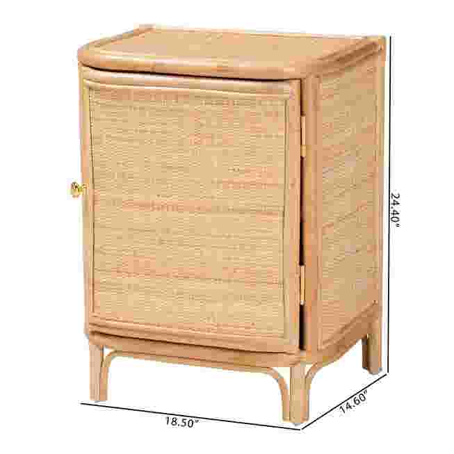 Rattan nightstand with dimensions labeled: 18.50" width, 14.50" depth, 24.40" height.