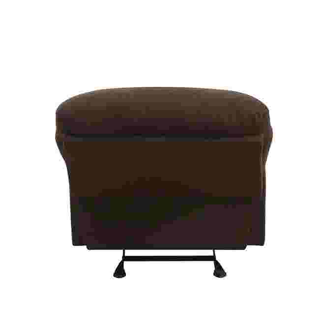 Bottom/front view of dark brown motion glider recliner with feet visible