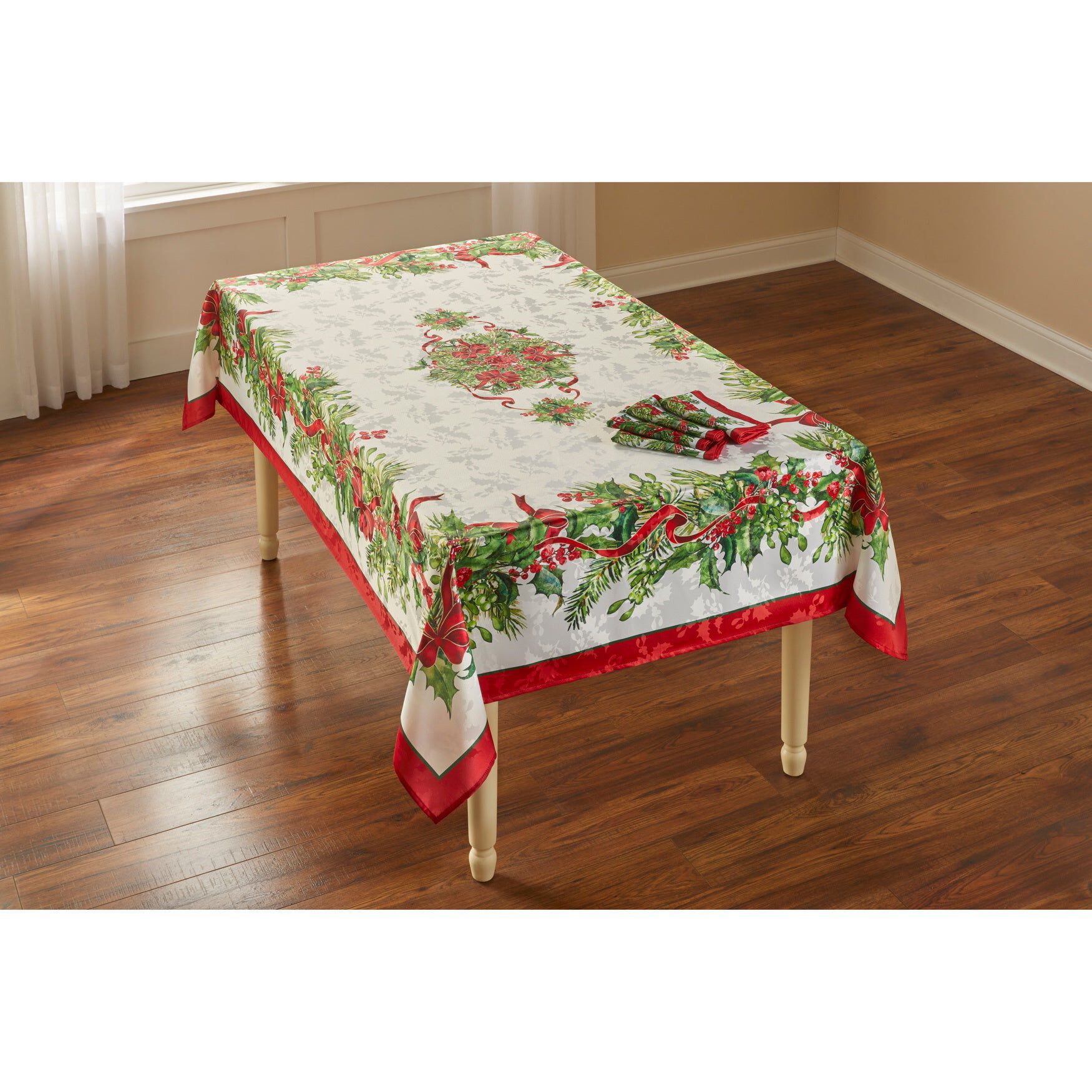 Holly Ribbon Tablecloth 52 inches x 70 inches, MULTI, hi-res image number 0