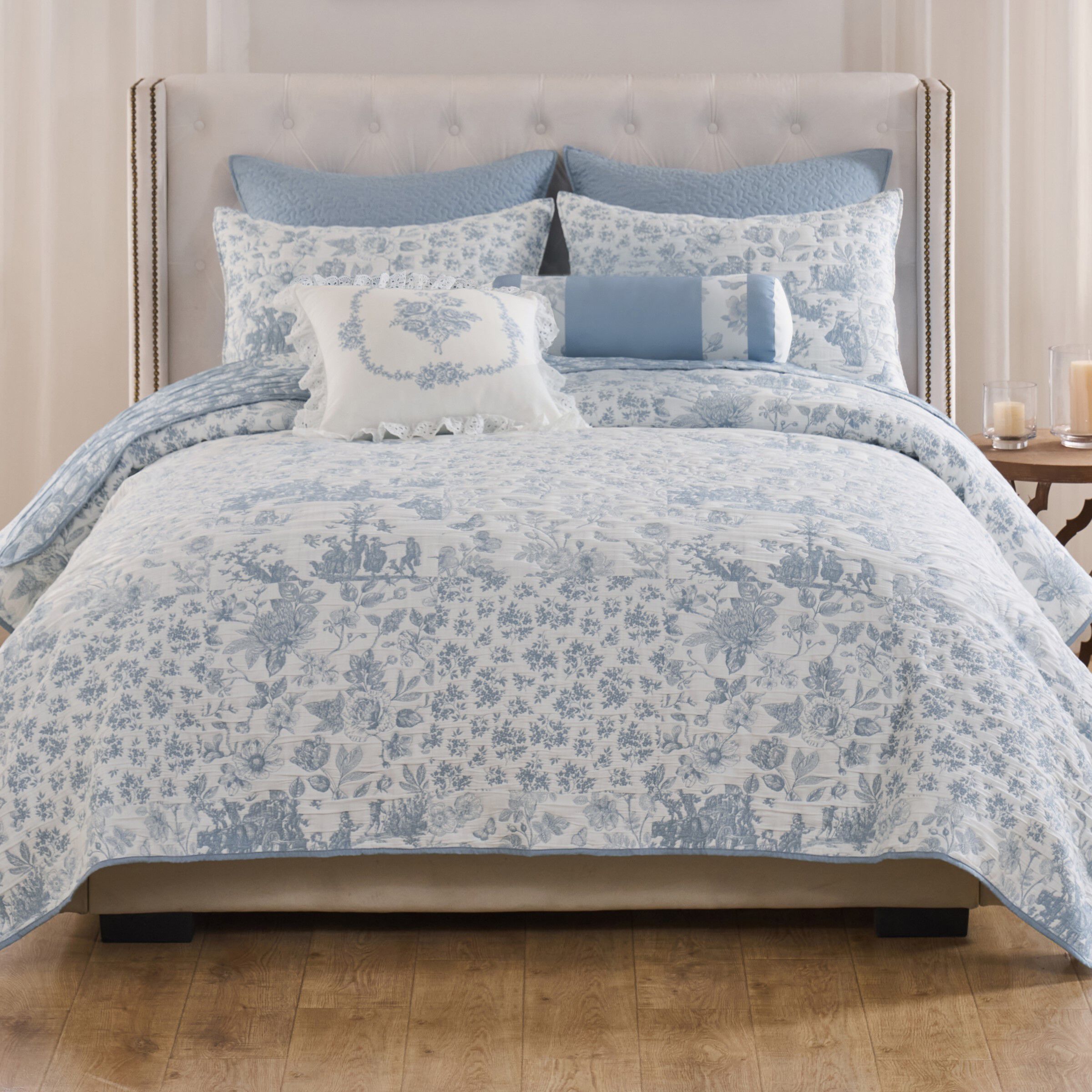 Patchwork Toile Classic Floral Coverlet Set, BLUE, hi-res image number 0