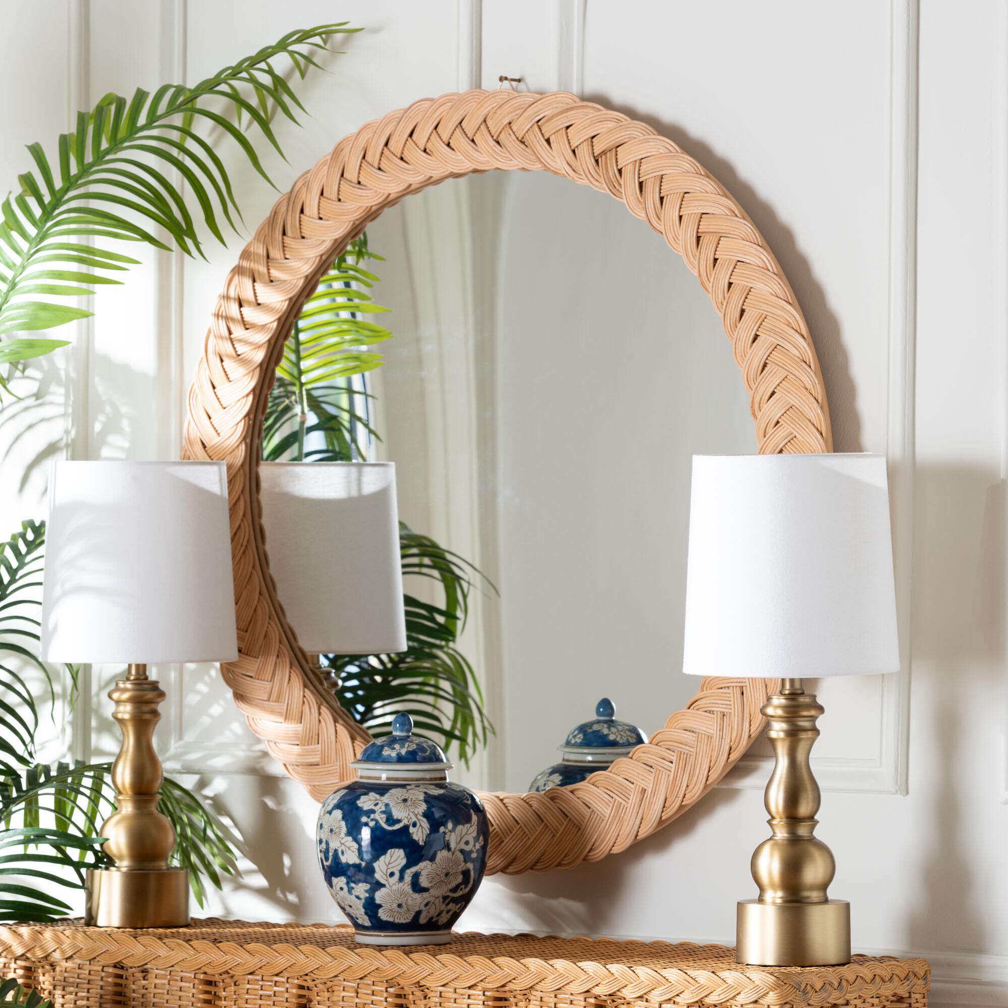 Nara Natural Rattan Wall Mirror - Round, HONEY, hi-res image number 0