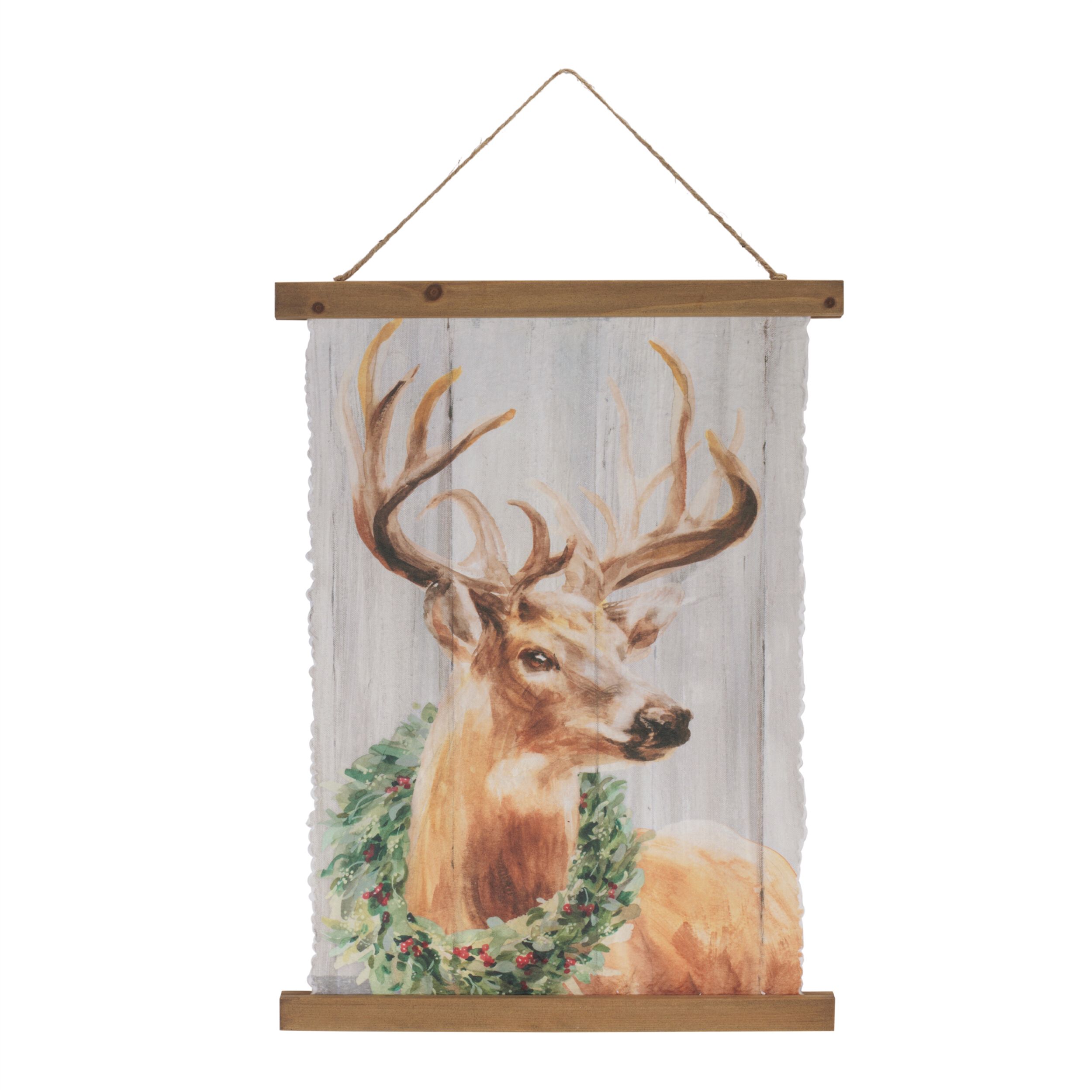 Woodland Deer Christmas Hanging Banner 14 inchesH, BROWN WHITE GREEN, hi-res image number 0