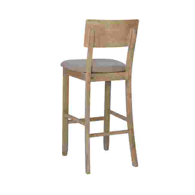 Jordan gray wash bar stool three-quarter view with gray upholstered seat