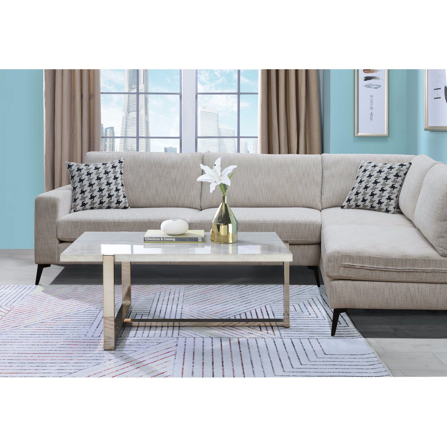 Living room with sofa, coffee table, and matching decor