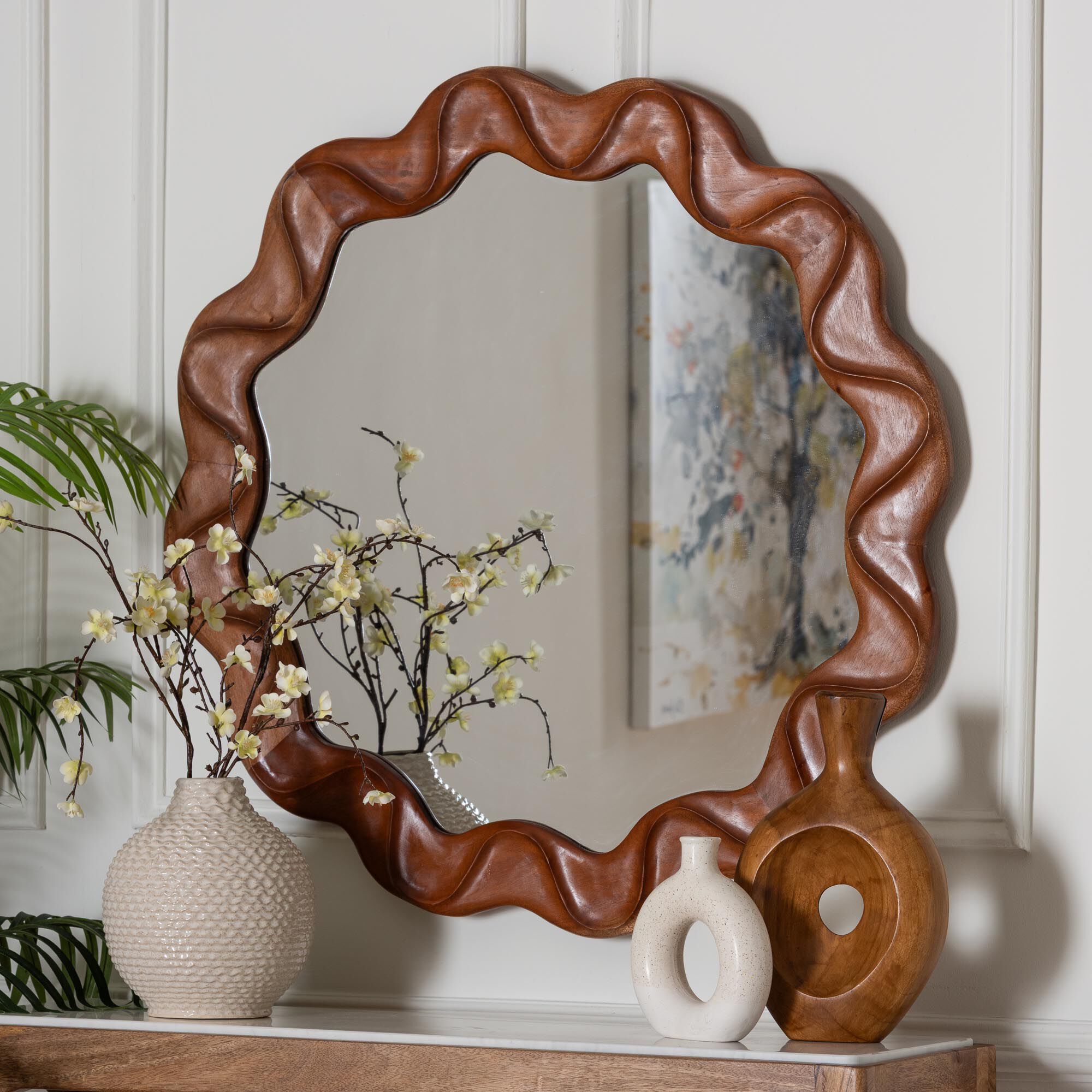 Bahati Round Wall Mirror with Sculpted Wavy Frame, BROWN, hi-res image number 0