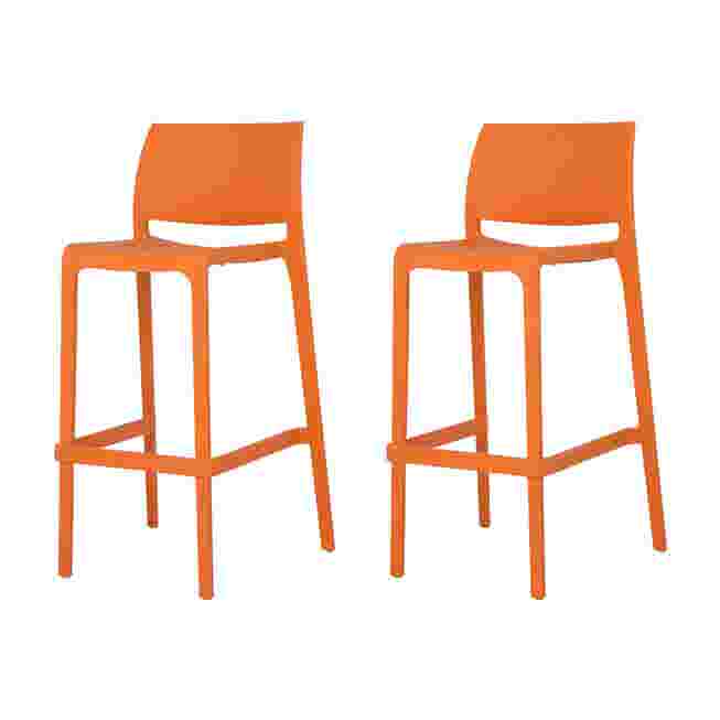 Two orange outdoor stackable barstools, front view