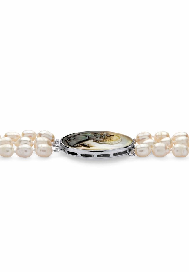 Silver Tone Multi Strand Cameo Necklace Cultured Freshwater Pearl 28 inches, , on-hover image number null