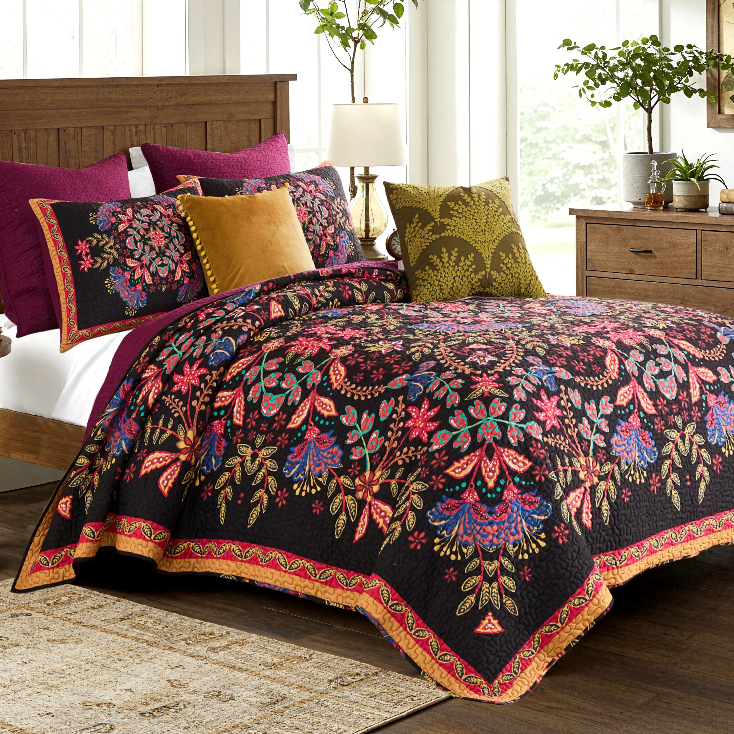 Jessa Ornate Botanical Finely Stitched Quilt Set, MIDNIGHT, hi-res image number 0
