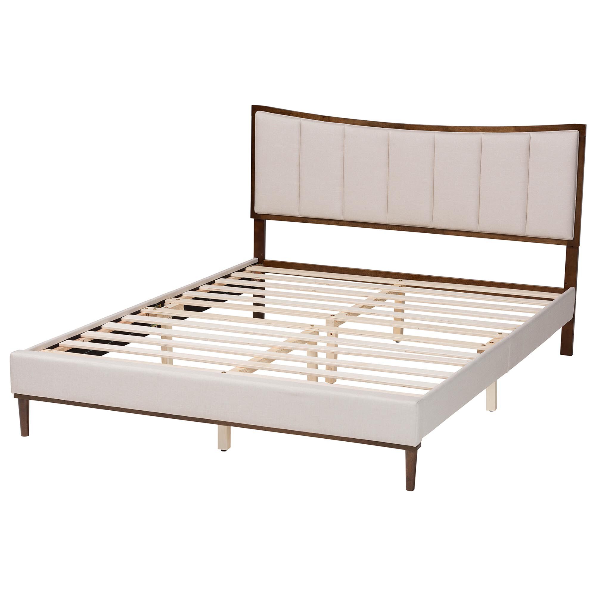 Nikolai Mid-Century Channel Tufted Beige Fabric and Wenge Brown Wood Queen Bed, BEIGE/WENG, alternate image number 3