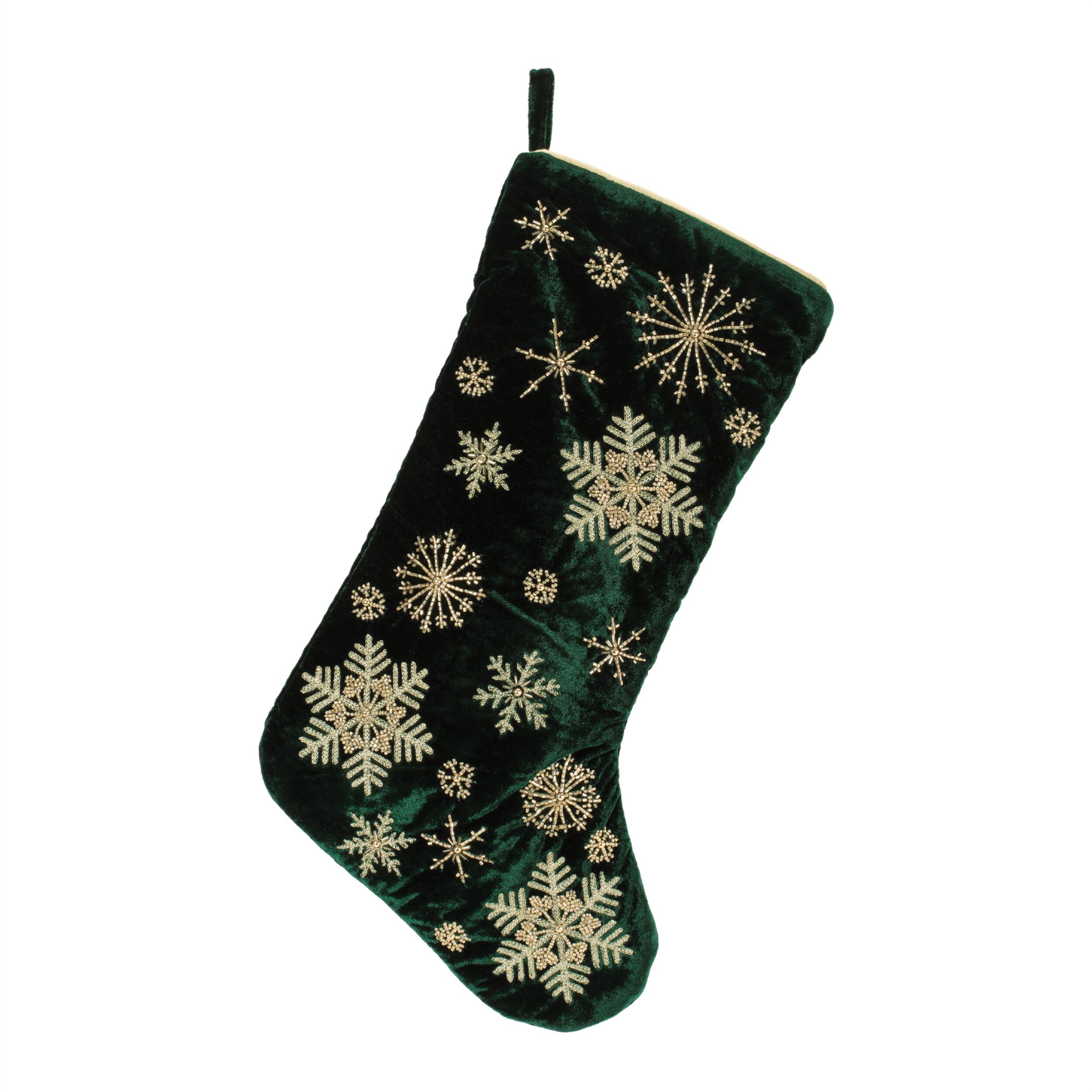 Velvet Snowflake Christmas Stocking 19.5 inchesH, GREEN GOLD, hi-res image number 0