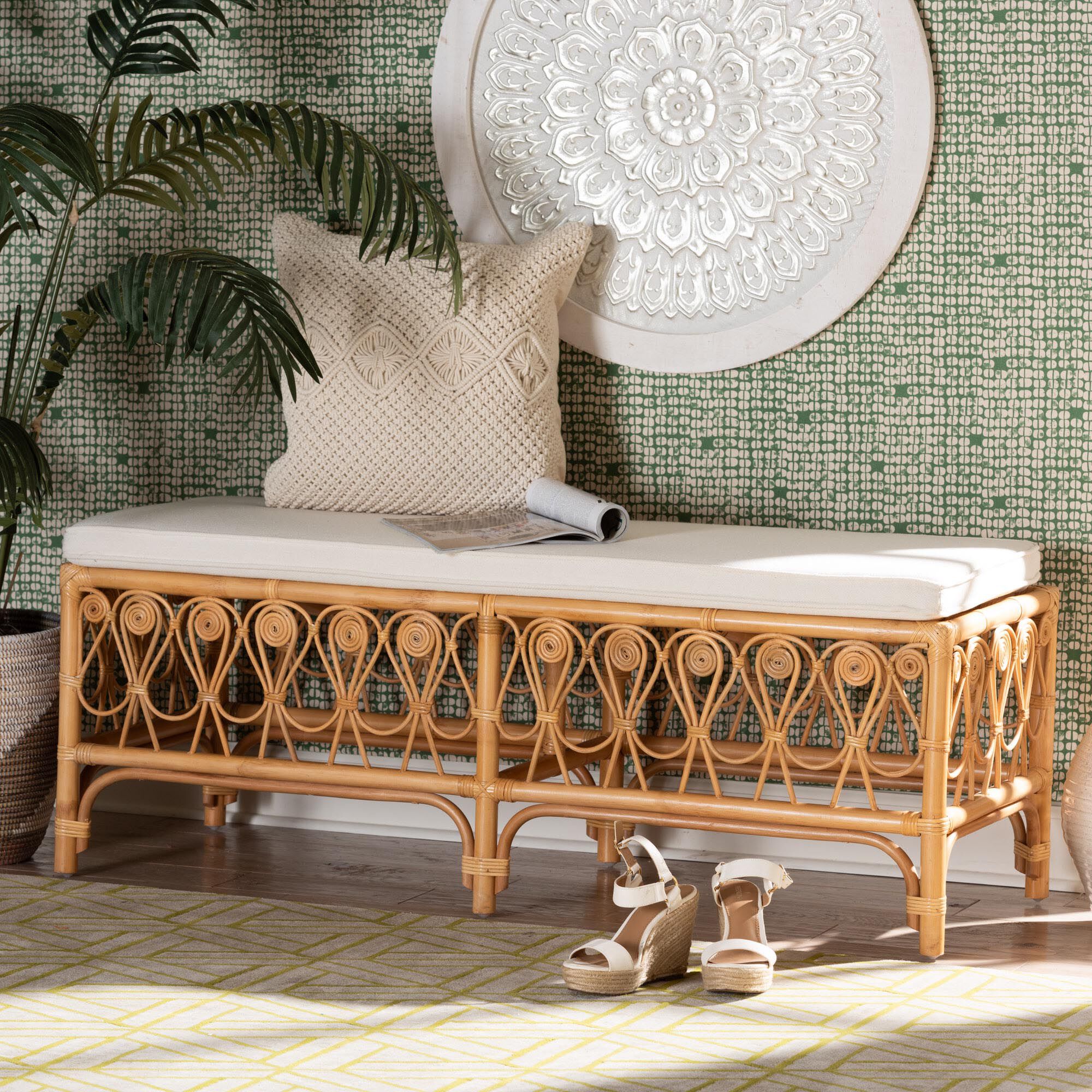 Ibiza Modern bohemian Natural Brown Rattan Bench, WHITE, hi-res image number 0