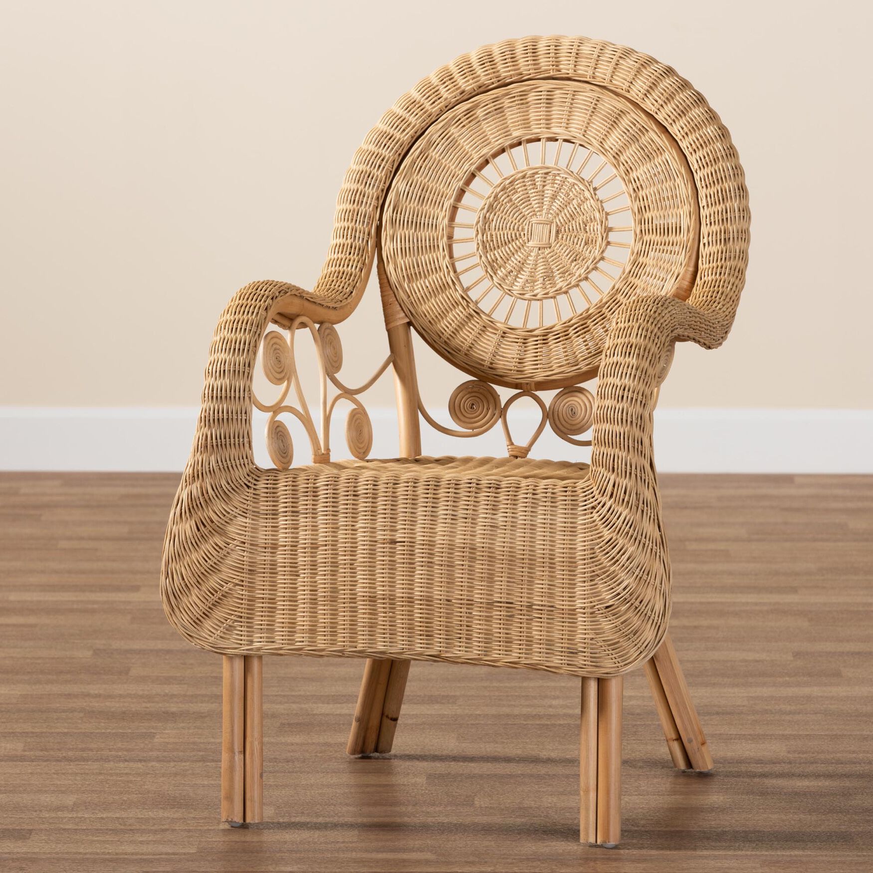 Rattan armchair on a wooden floor