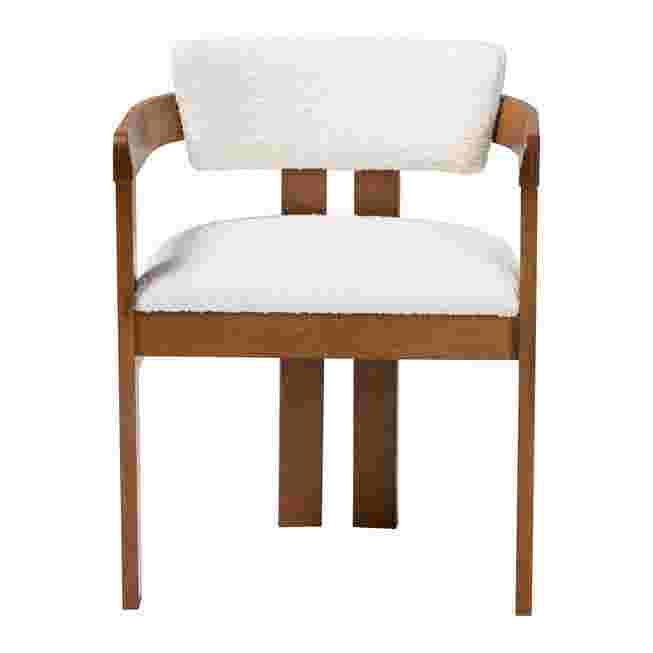 Cream boucle dining chair with wooden frame