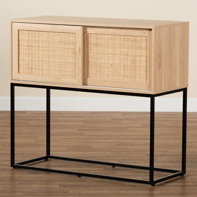 Amelia Mid-Century Modern Transitional Natural Brown Finished Wood And Natural Rattan Sideboard Buffet, , alternate image number 8
