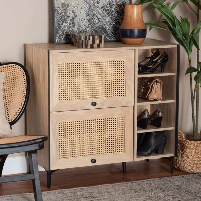 Malcolm Mid-Century Modern Oak Brown Wood Shoe Cabinet with Flipper Doors, OAK, hi-res image number null