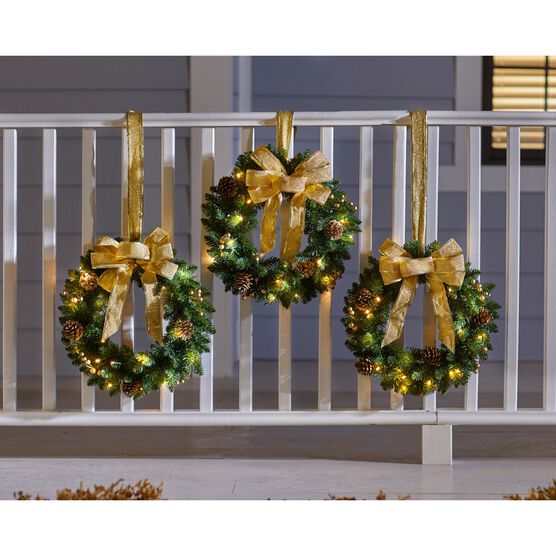 Set Of 3 Cordless Pre-Lit Mini Christmas Wreaths, GOLD, hi-res image number null