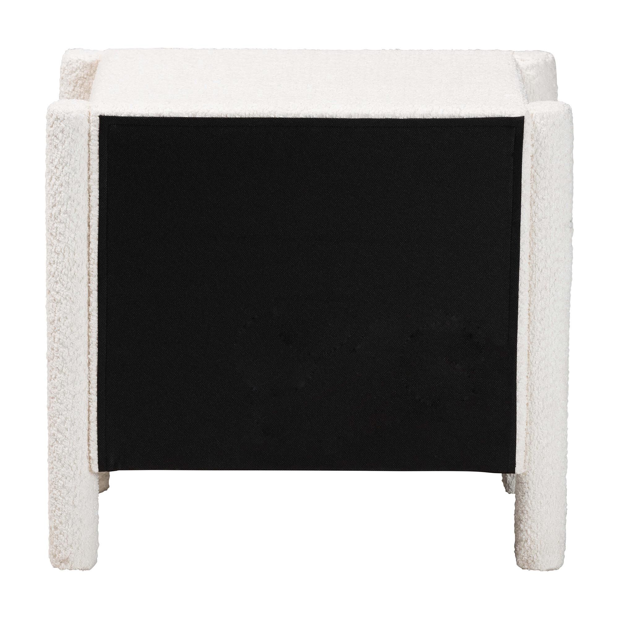 Nightstand with white teddy-bear fabric frame and black drawer interior