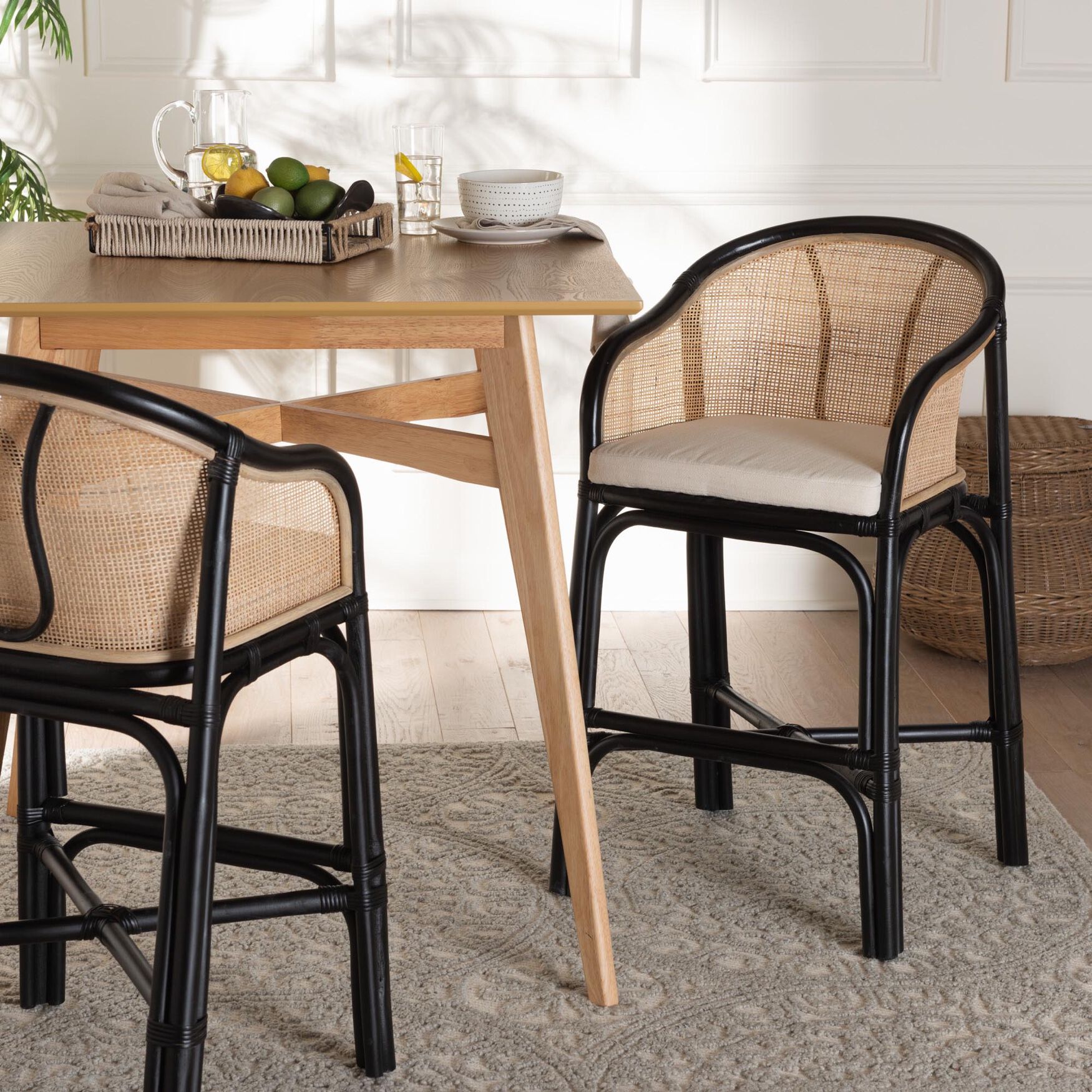 Miranda Modern Bohemian Two-Tone Black And Natural Brown Rattan Counter Stool, , alternate image number 6