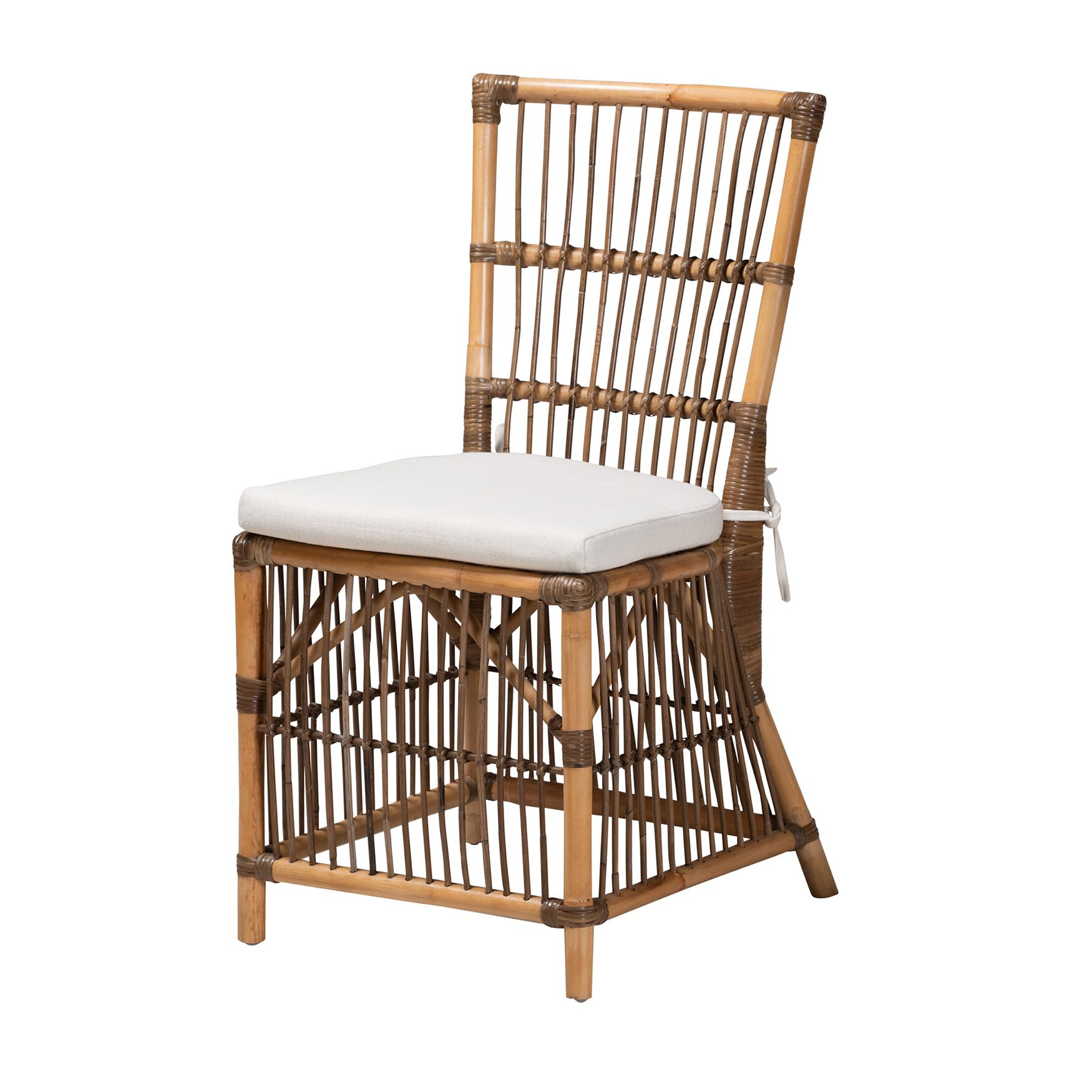 Kim Modern Bohemian White Fabric And Natural Brown Rattan Dining Chair, WHITE NATURAL BROWN, hi-res image number 0