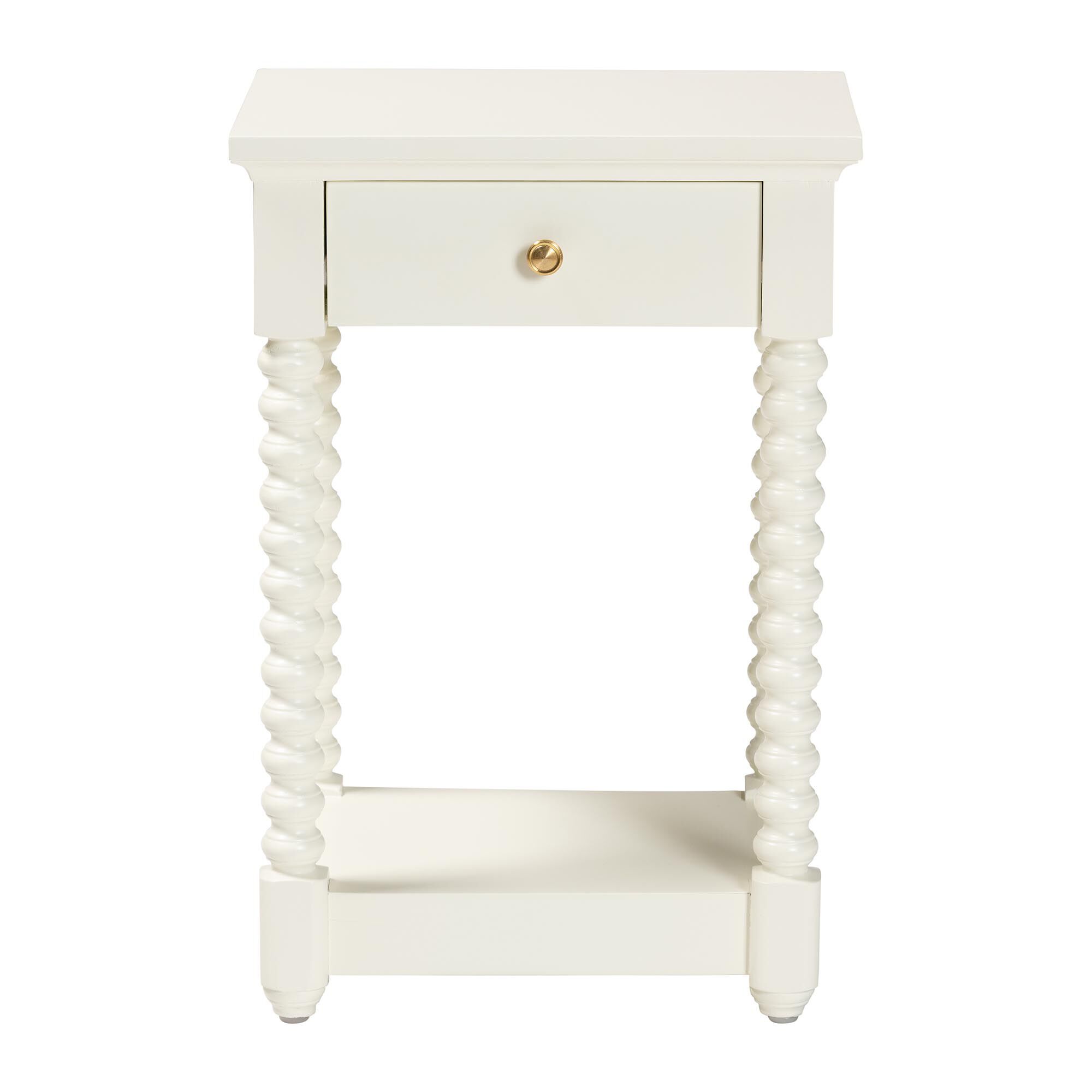 White nightstand with a drawer and twisted legs, shown from the front against a white background.