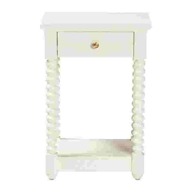 White nightstand with a drawer and twisted legs, shown from the front against a white background.
