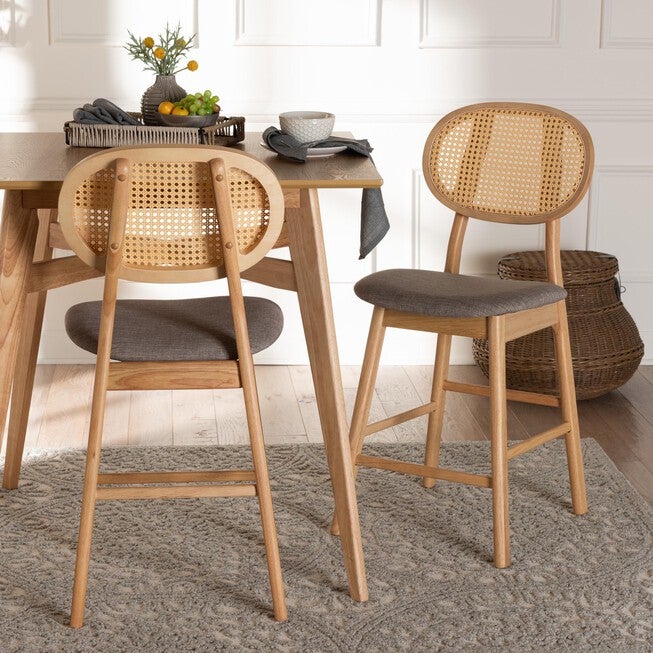 Darrion Mid-Century Modern Grey Fabric And Walnut Brown Finished Wood 2-Piece Counter Stool Set, , alternate image number null