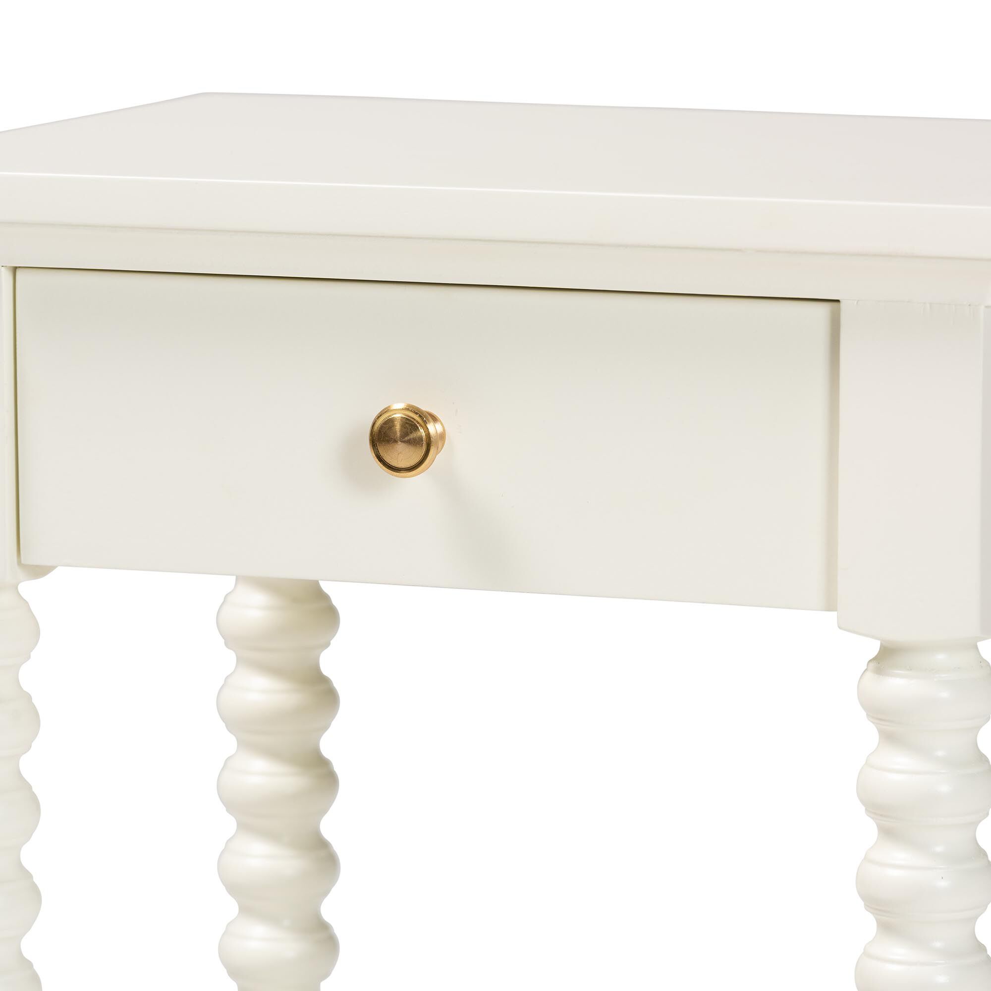 Close-up of the drawer and knob of a white nightstand.