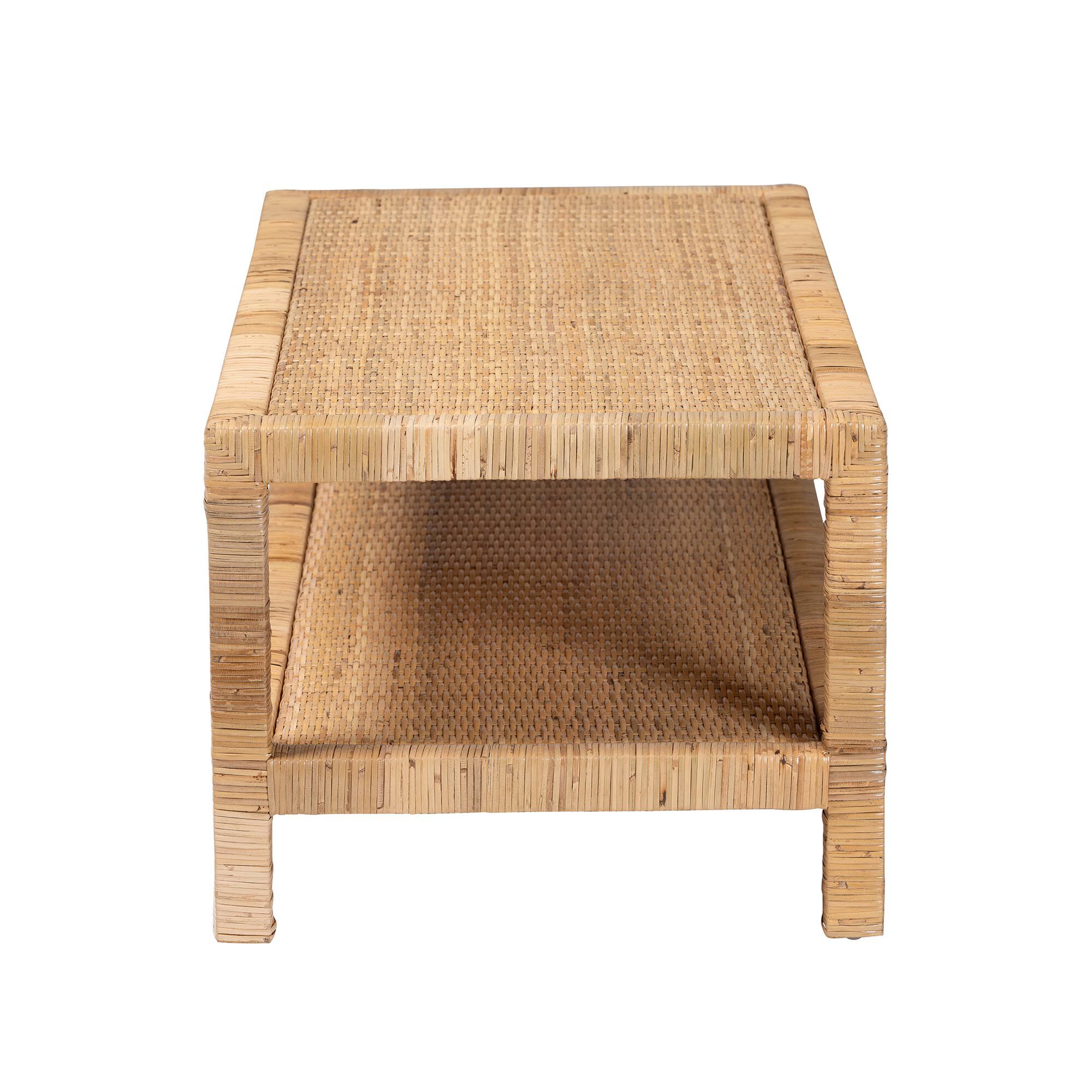 Kalimantan Bohemian Light Honey Rattan and Mahogany Wood Rectangle Coffee Table, LIGHT, alternate image number 3