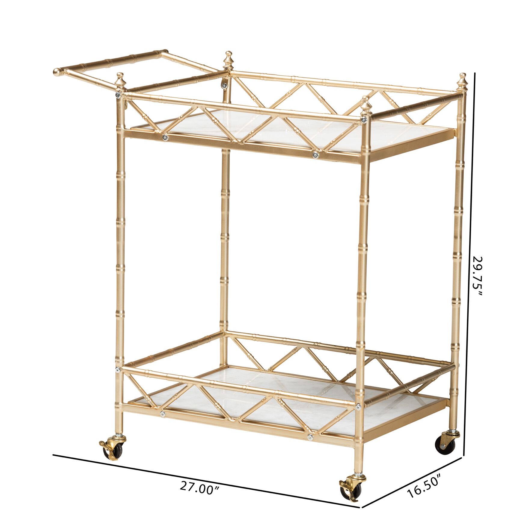 Mela Contemporary Glam And Luxe Gold Metal And White Marble 2-Tier Wine Cart, , alternate image number 7