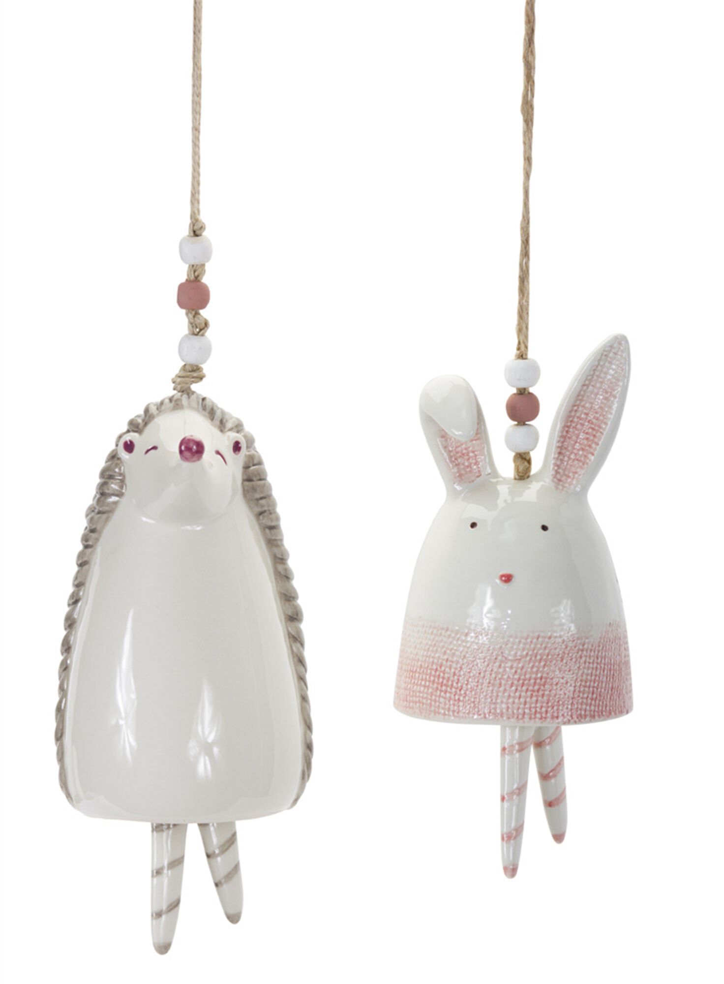 Bunny/Hedgehog Bell (Set of 4) 4.75 inchesH, 7 inchesH Stoneware, WHITE/PINK, alternate image number 1