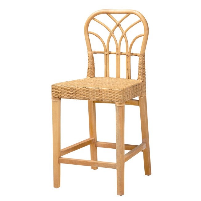 Monaco Modern Bohemian Natural Rattan And Mahogany Wood Counter Stool, NATURAL RATTAN, hi-res image number 0