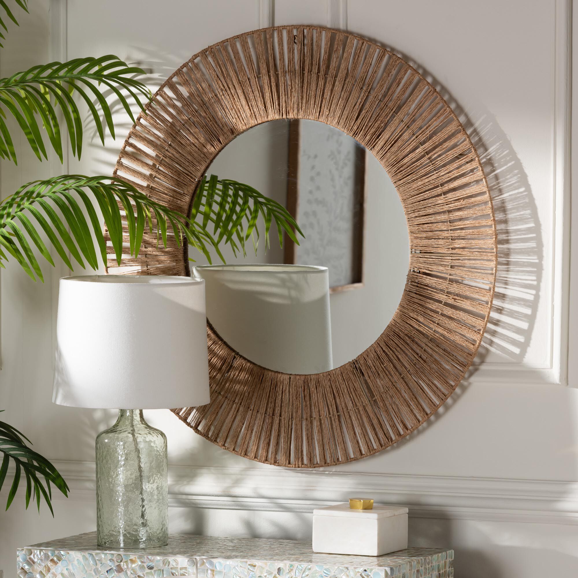 Leala Modern Bohemian Metal and Natural Brown Seagrass Accent Wall Mirror, NATURAL BROWN, alternate image number 4