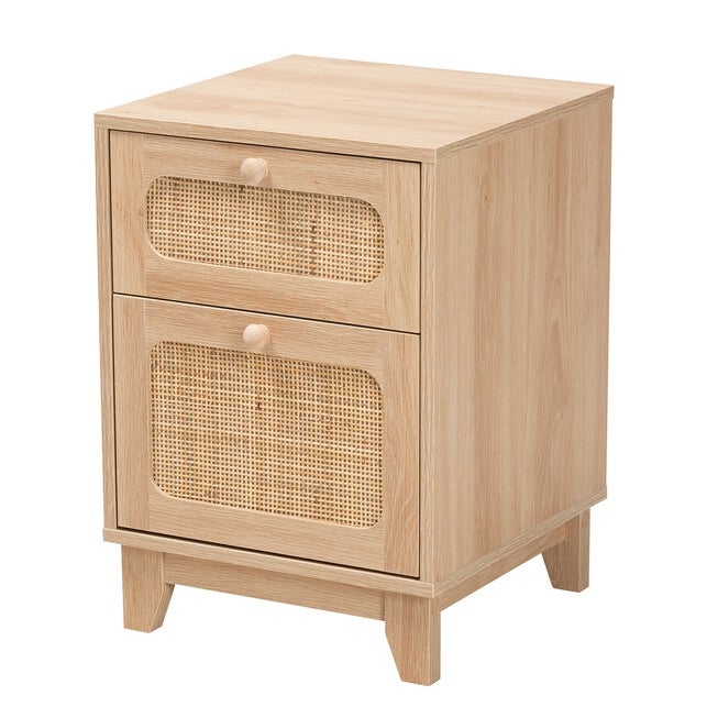 Elsbeth Mid-Century Modern Light Brown Finished Wood And Natural Rattan 1-Drawer End Table, LIGHT BROWN NATURAL BROWN, hi-res image number 0