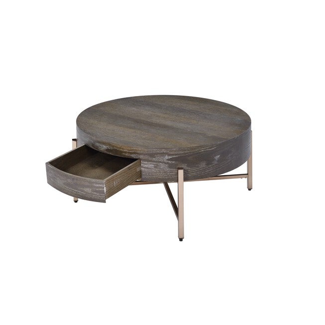 Round coffee table with built-in drawer and dark wood-look top