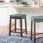 Pair of Claridge faux leather bar stools with teal upholstered seats