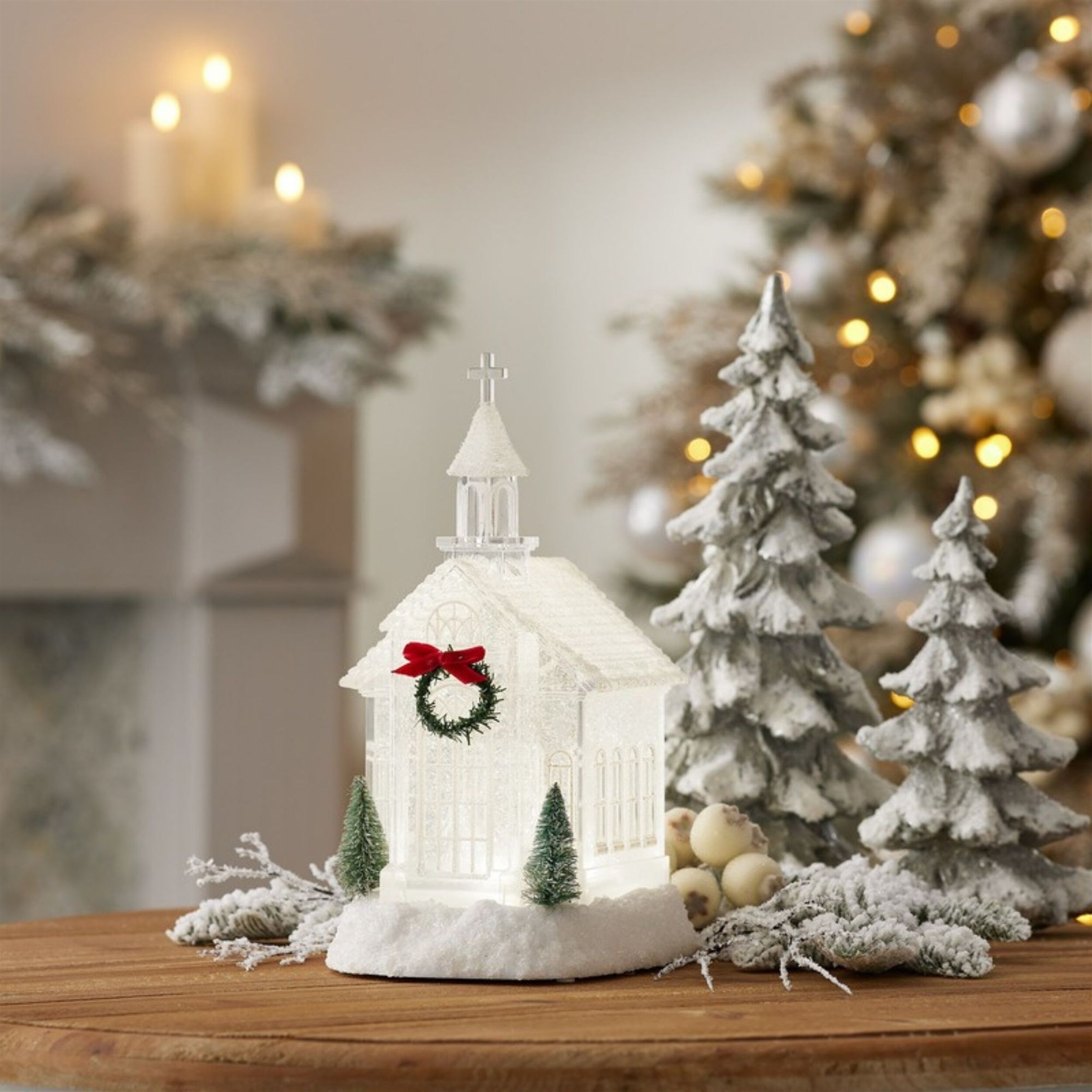 LED Church Snow Globe with Pine Accents 10.5 inchesH, WHITE RED, alternate image number 3