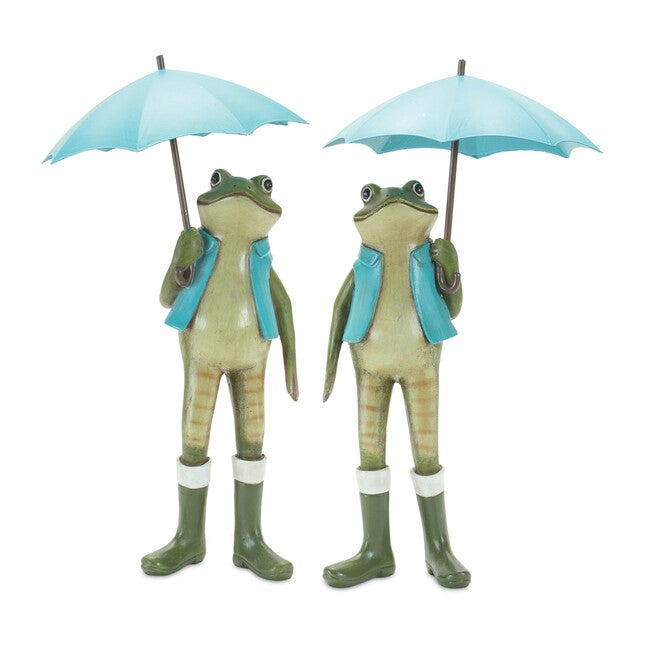Garden Frog With Umbrella And Rainboot Accent (Set Of 2), BLUE, hi-res image number null