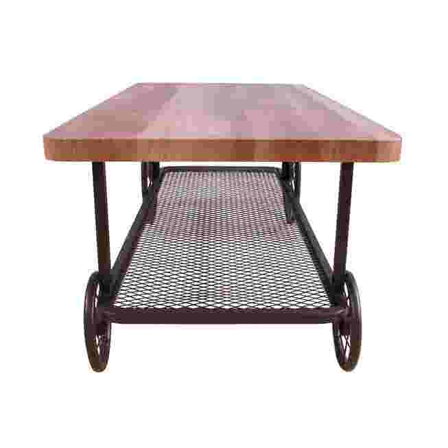 From end view of coffee table with metal mesh shelf