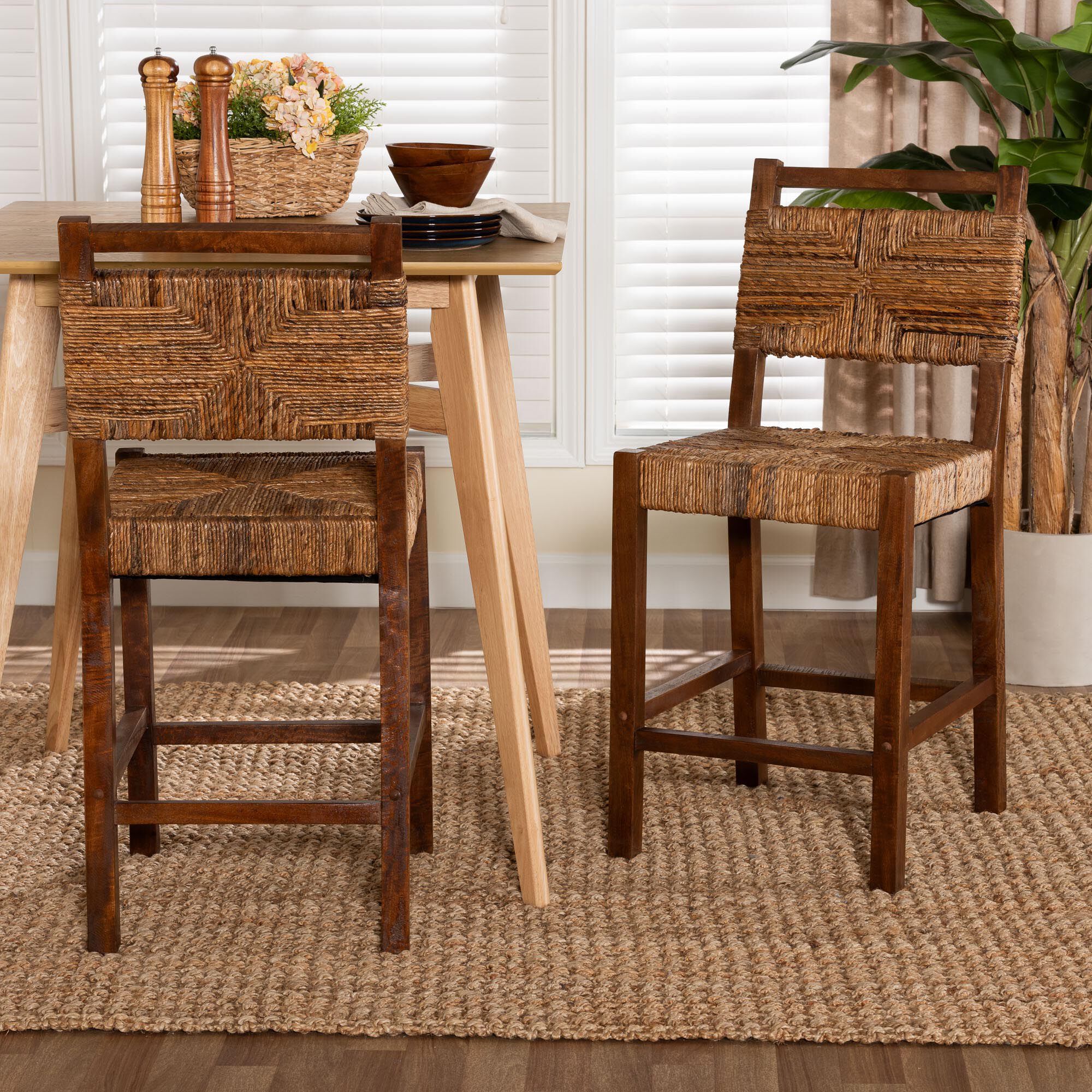 Cordoba Bohemian Natural Seagrass and Mahogany Wood 2-Piece Counter Stool Set, NATURAL, hi-res image number 0